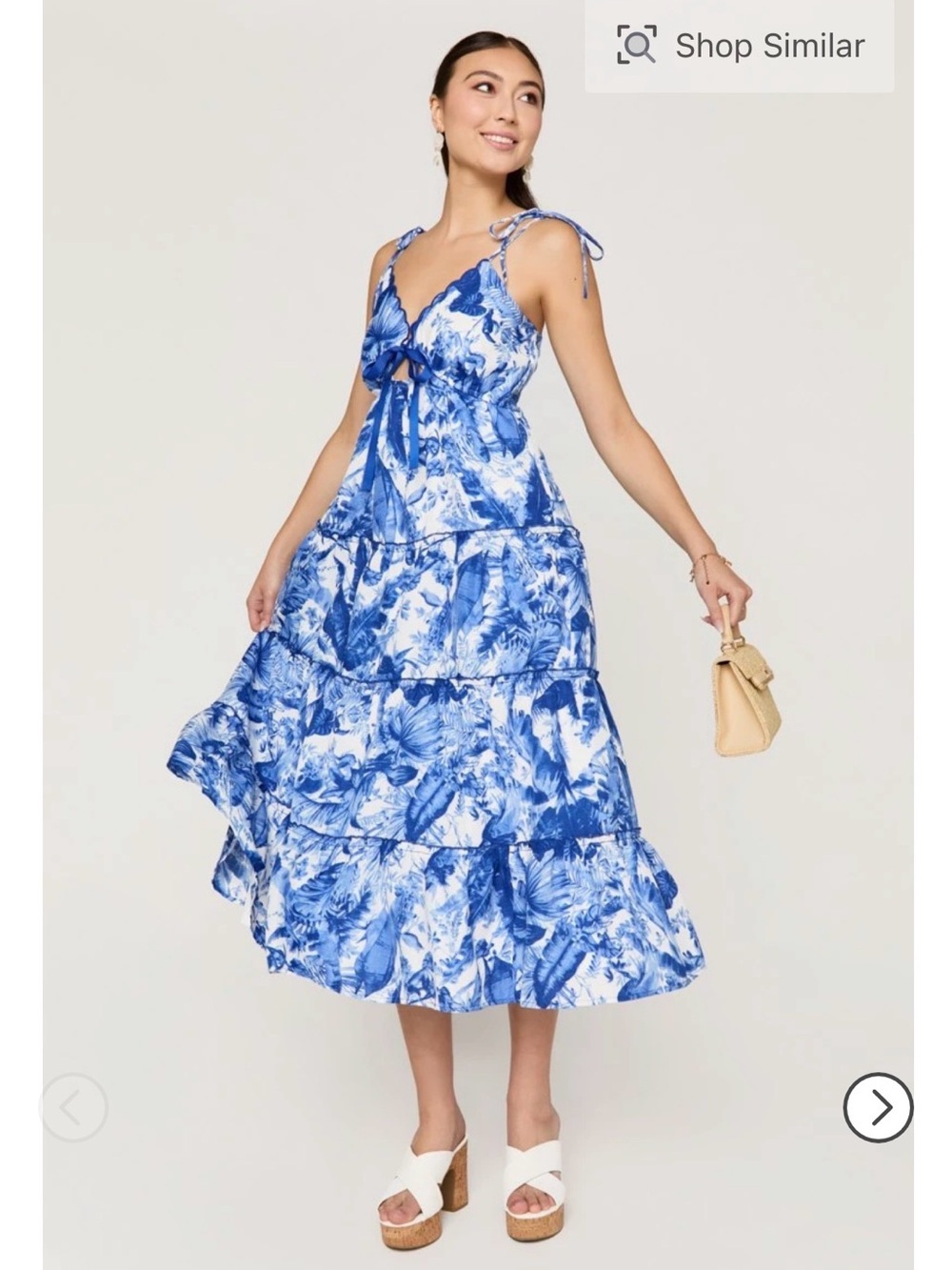 Francesca's Blue White Floral Tie-Shoulder Tiered Midi Dress